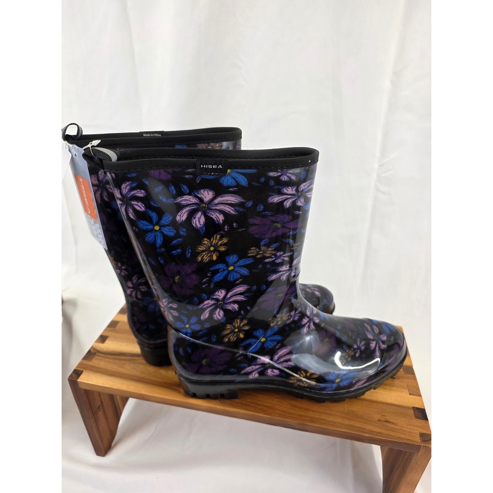 Hisea Floral Rain Boots Womens Size 11 Blk Purple Blue Floral Waterproof NWT